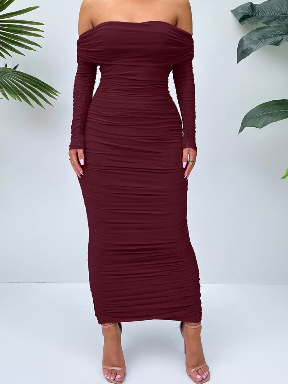 Prettygarden Off-Shoulder Burgundy Ruched Maxi Dress